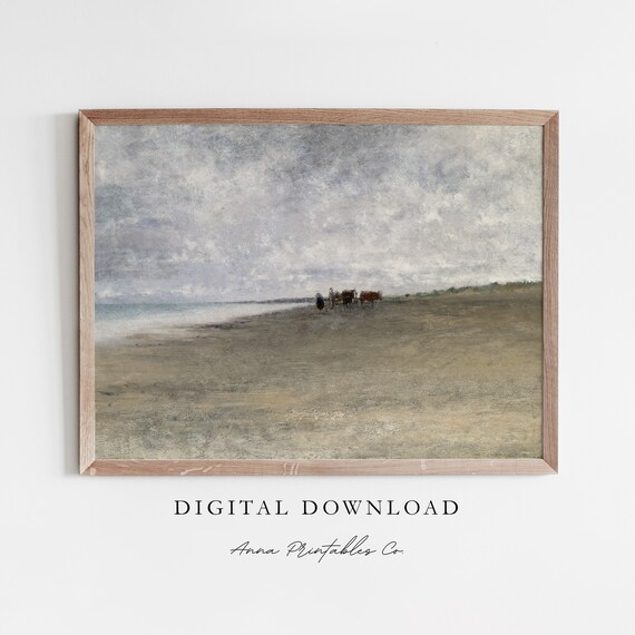 Stormy Coastline Painting Windswept Beach Gray Sky Coastal Print
