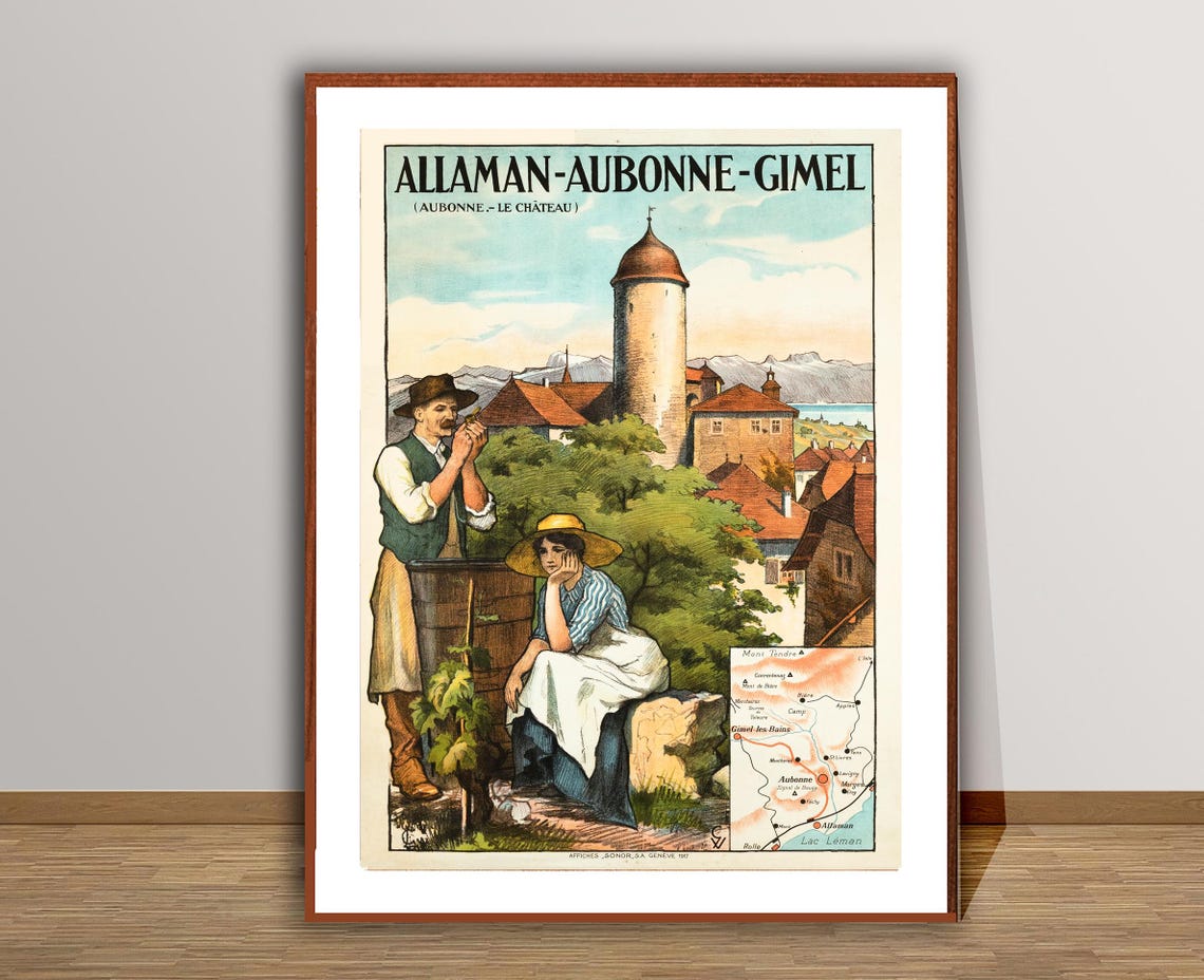 Allaman Aubonne Gimel Castle Lake Geneva Swiss Vintage Travel Poster