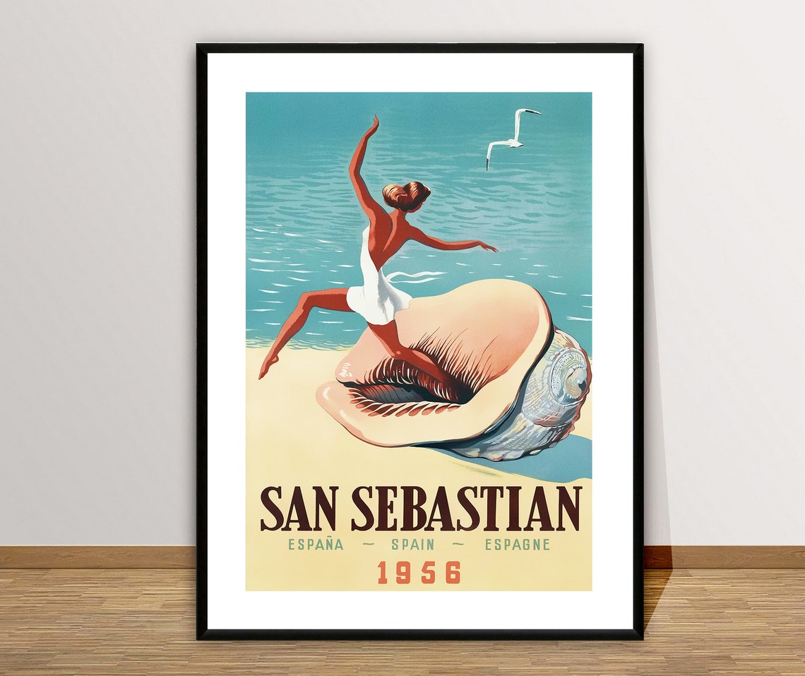 San Sebastian 1956 Spain Vintage Travel Poster Dancer with Seashell