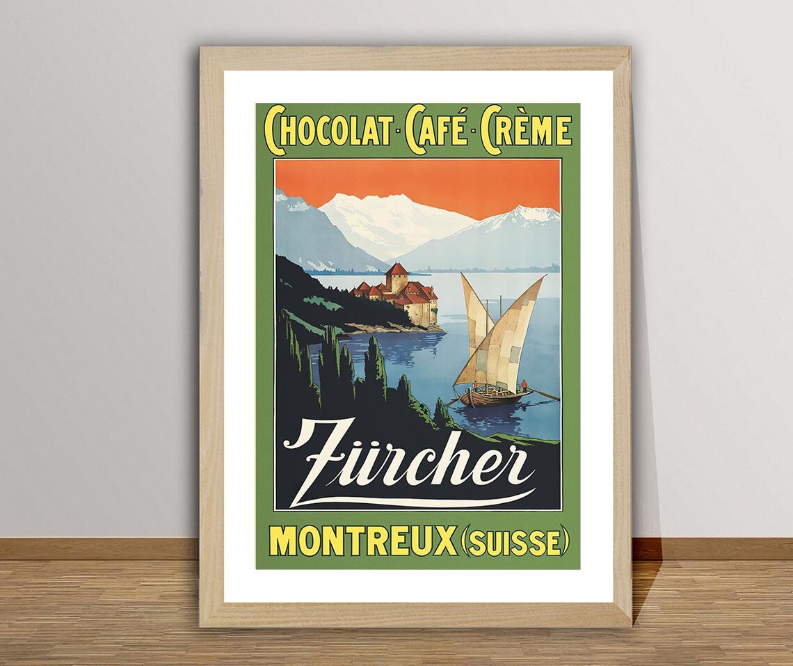 Chocolat Zürcher Montreux Vintage Swiss Chocolate Ad Travel Poster