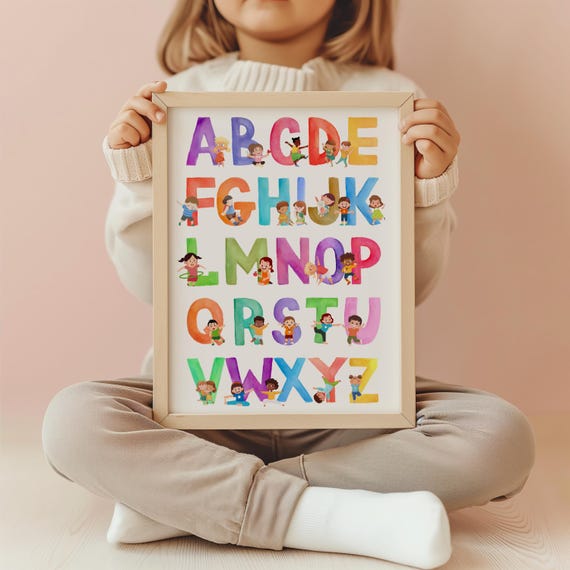 Kids Alphabet Poster Educational Art Abc Learning Poster Playroom Decor Nursery Wall Art Watercolor Alphabet Classroom Decor Colorful
