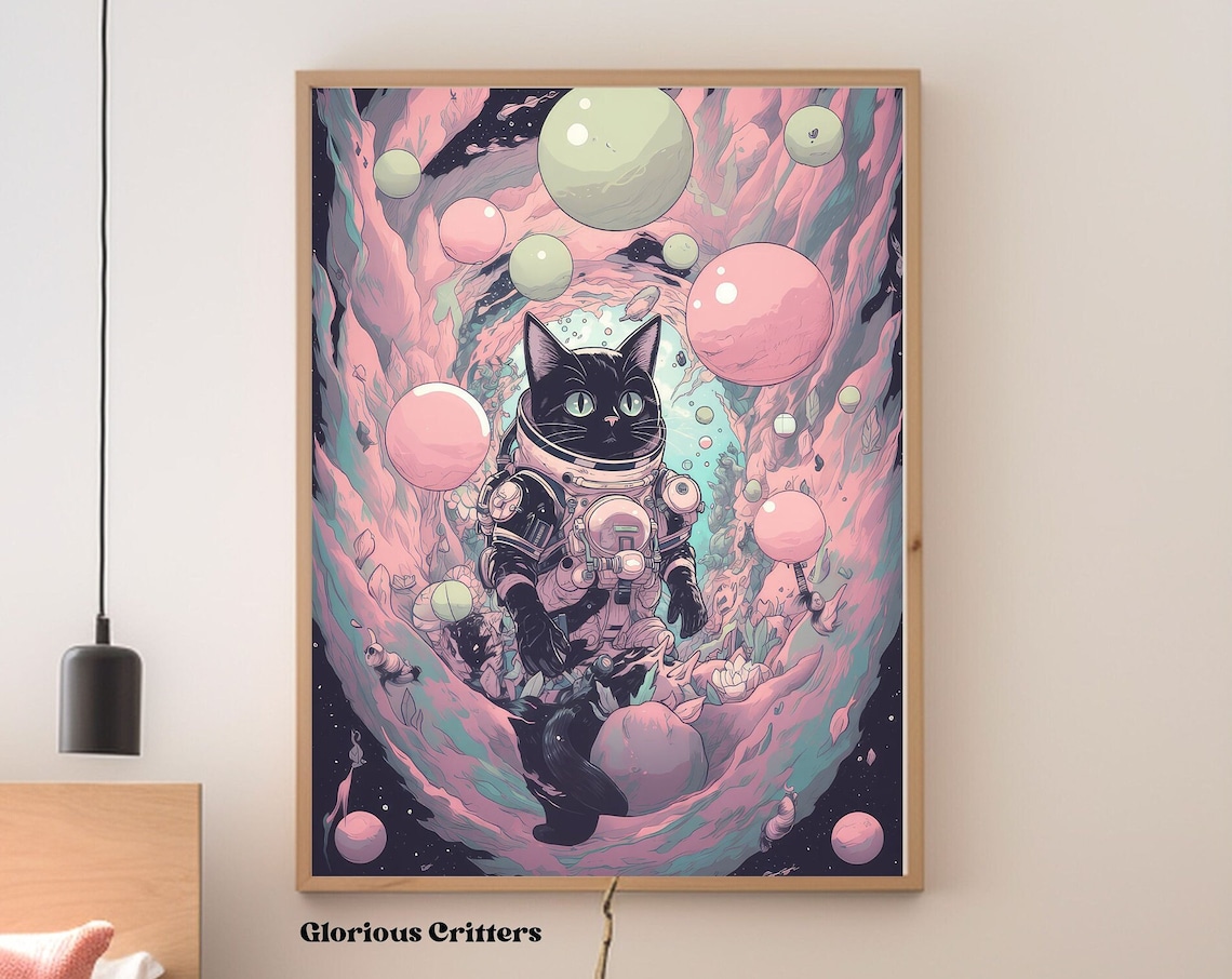 Vintage Space Cat Retro Sci-Fi Art Print