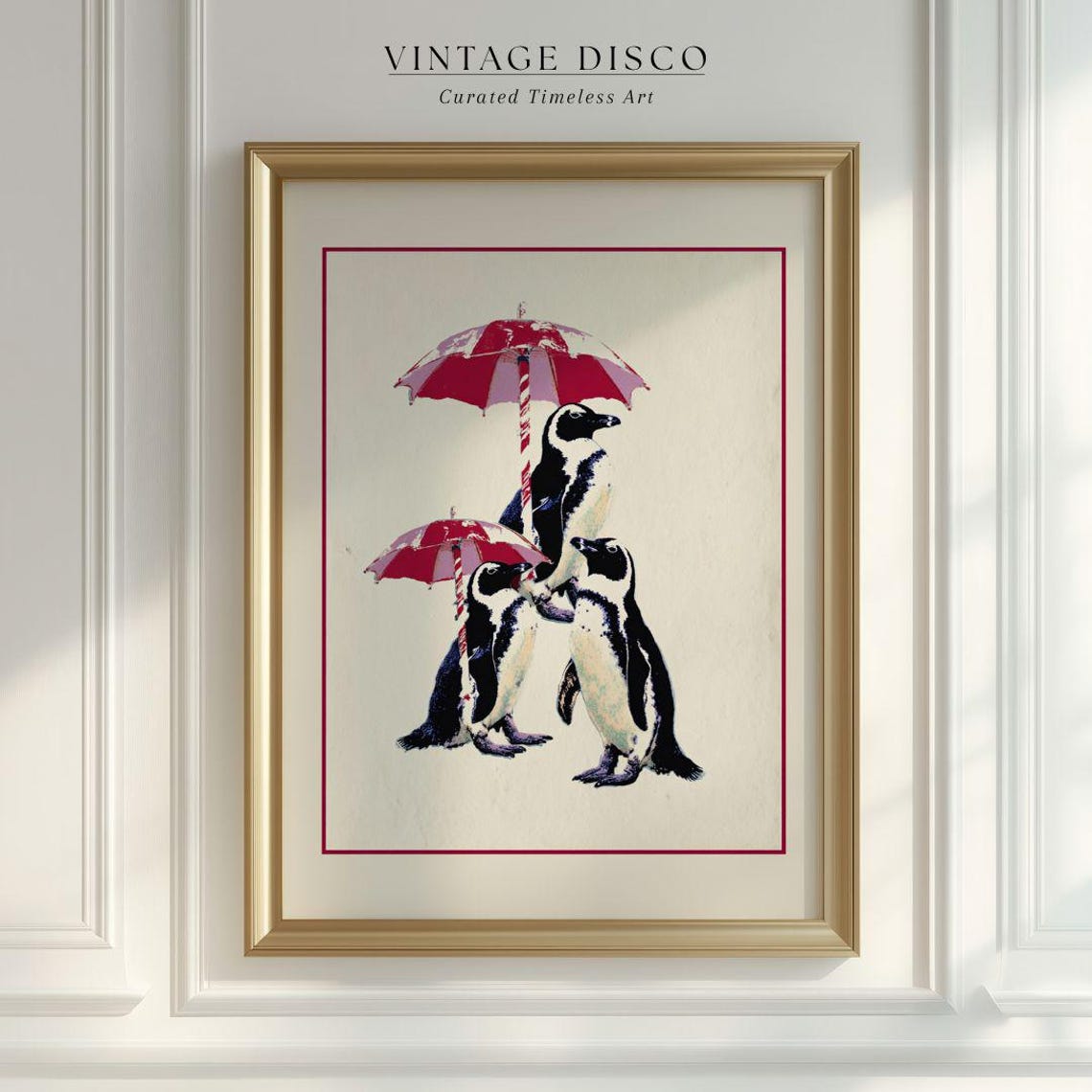 Vintage Christmas Penguins With Red Umbrellas Holiday Poster