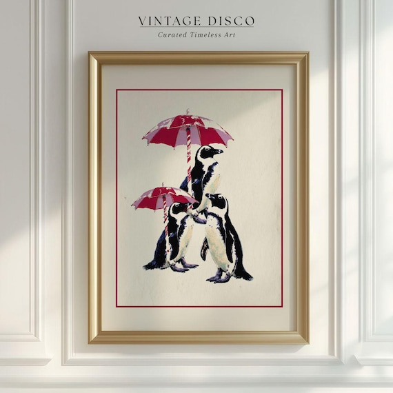 Vintage Christmas Penguins With Red Umbrellas Holiday Poster