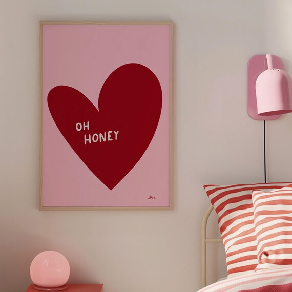 Oh Honey Heart Red On Pink Hand Drawn Typography Lovecore Decor Poster