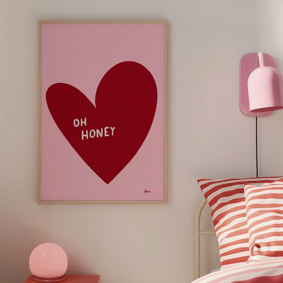 Oh Honey Print Hand Drawn Posters Decor Dorm Room Prints Red Heart Poster Teen Girl Bedroom Girly Cute