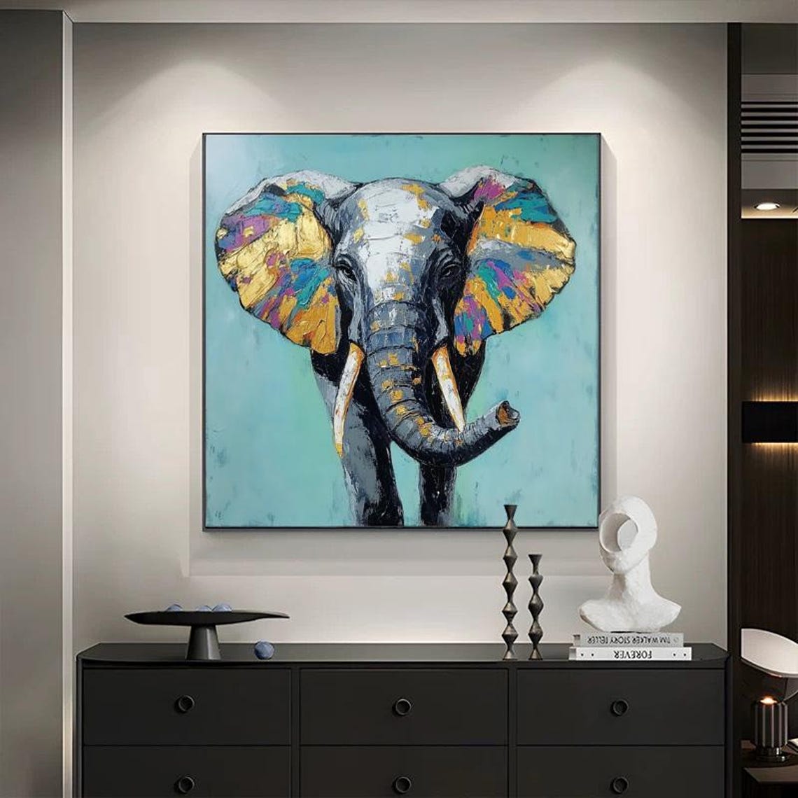 Wise Elephant Portrait With Paint Splashed Colorful Ears Square Poster - Image 6