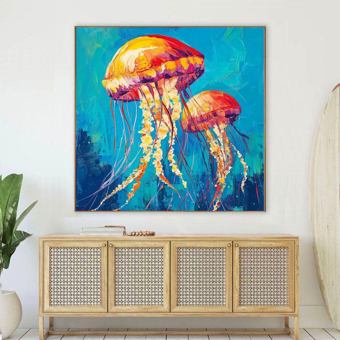 Hand Painted Oil Painting Ocean Creatures Jellyfish Wall Art Original Artwork For Entryway And Dining Room - Image 6