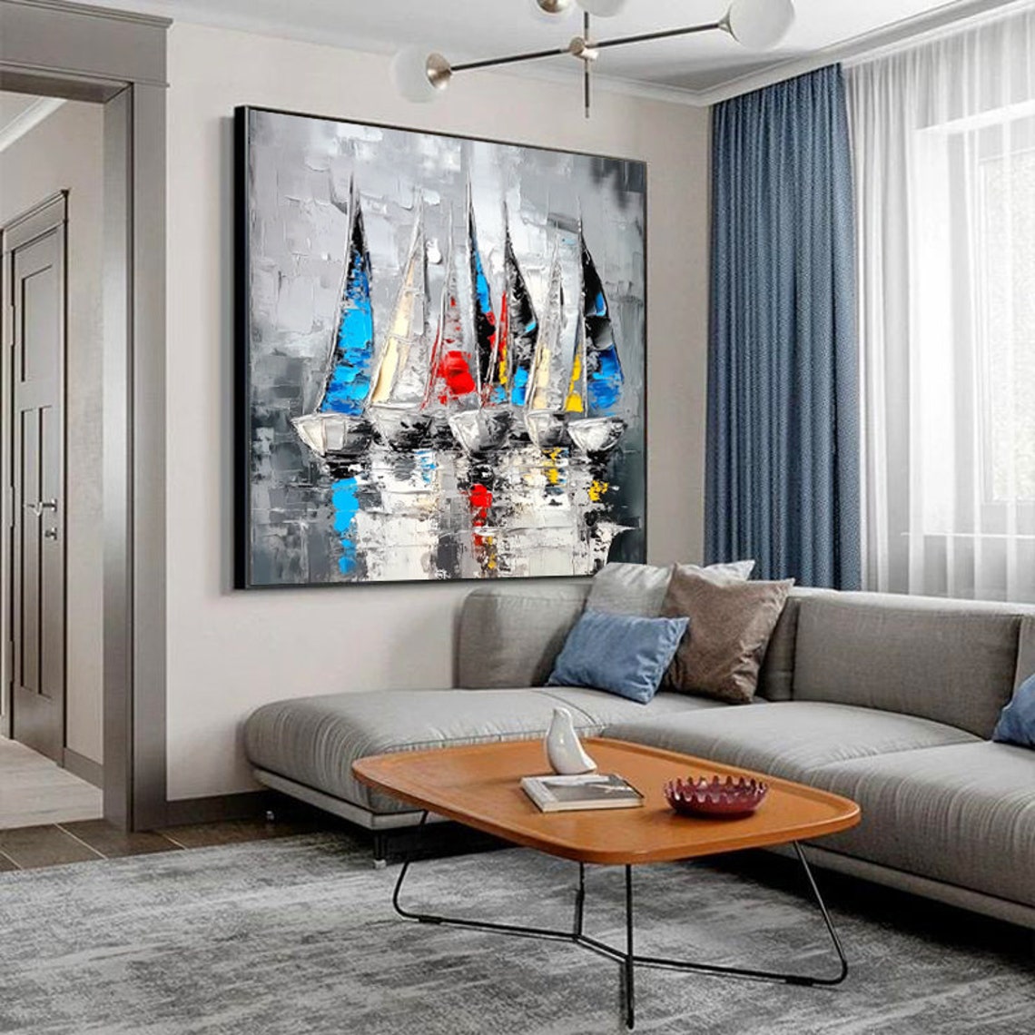 Docked Sailboats With Bright Multicolor Sails on Gray Water Wall Art - Image 5