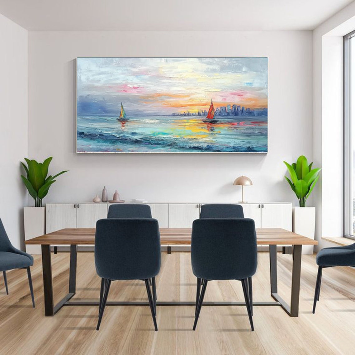 Peaceful Sunset Sailboats Drifting by a City Skyline Harbor Poster - Image 2