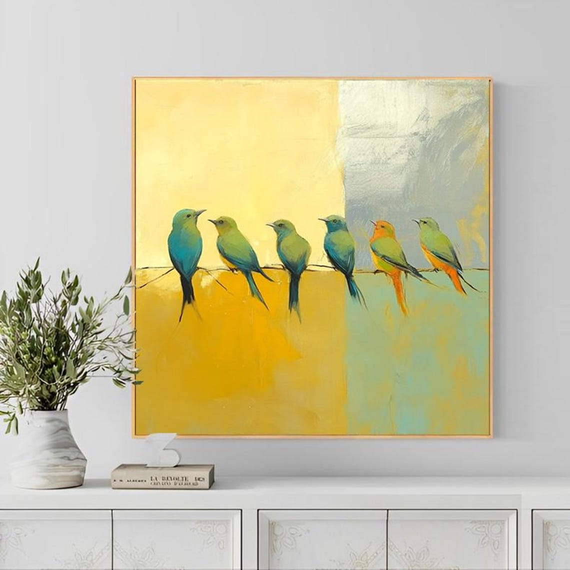 Seven Colorful Birds Perched on a Wire Over Gold Blocks Poster