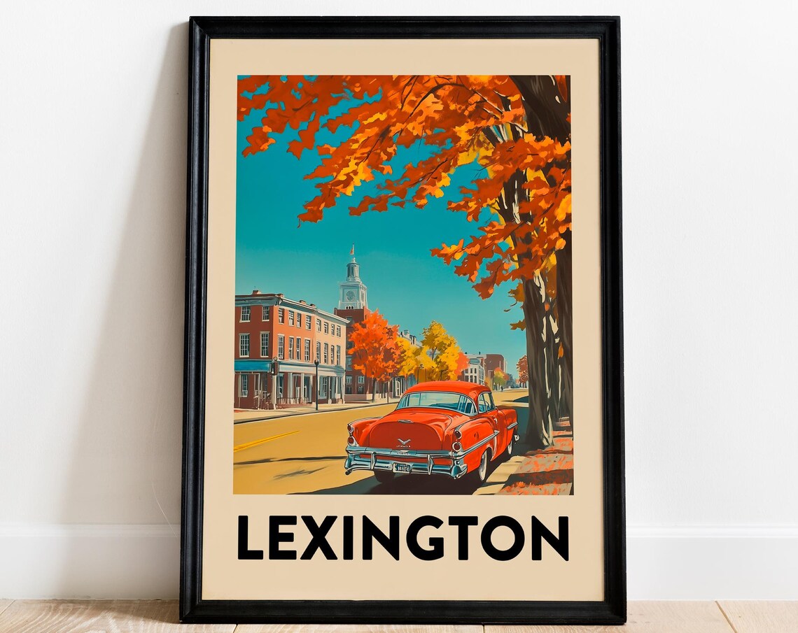 Lexington Kentucky Retro Travel Poster Autumn Classic Car Scene