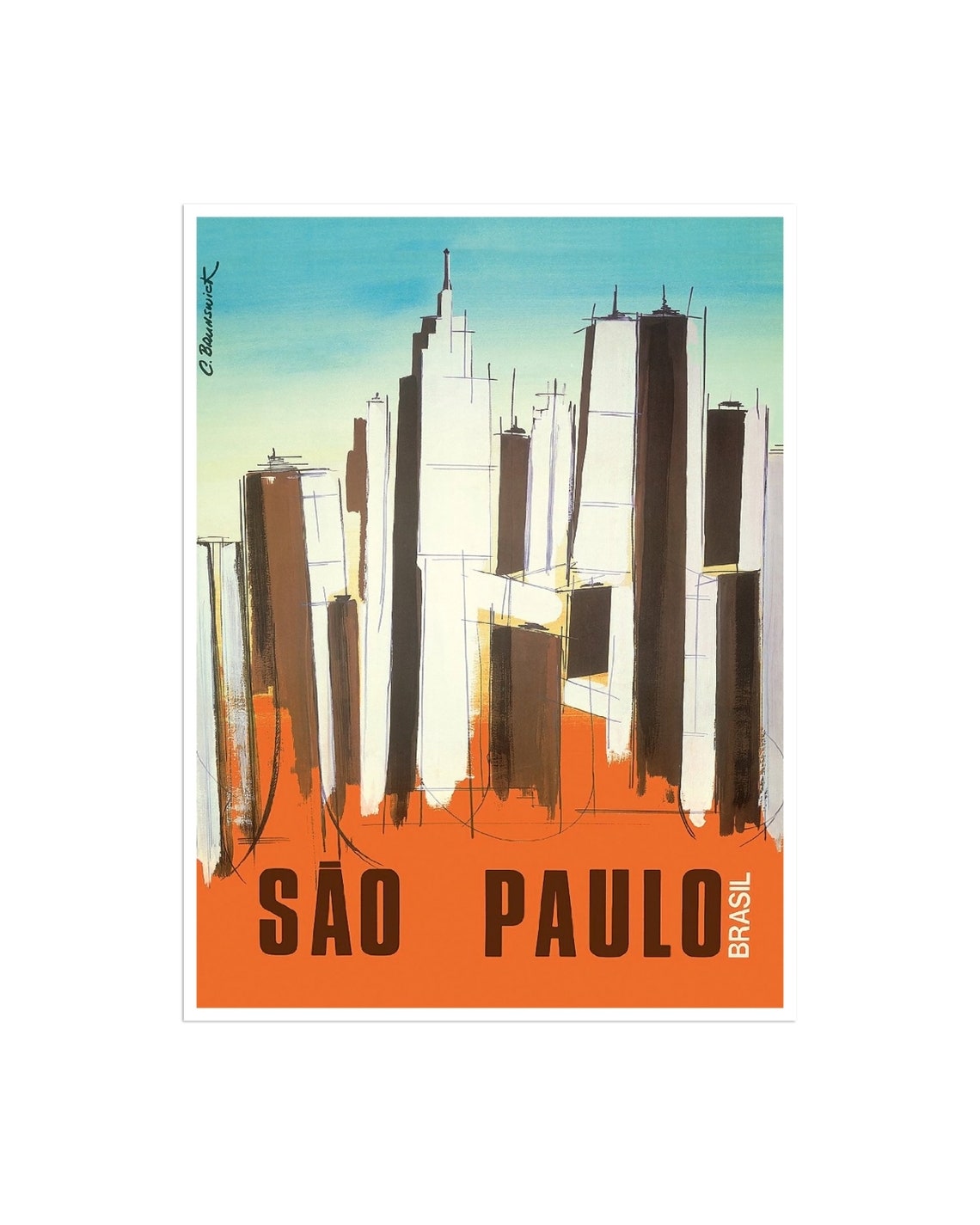 Sao Paulo Brasil Abstract Skyline Towers Vintage Travel Poster