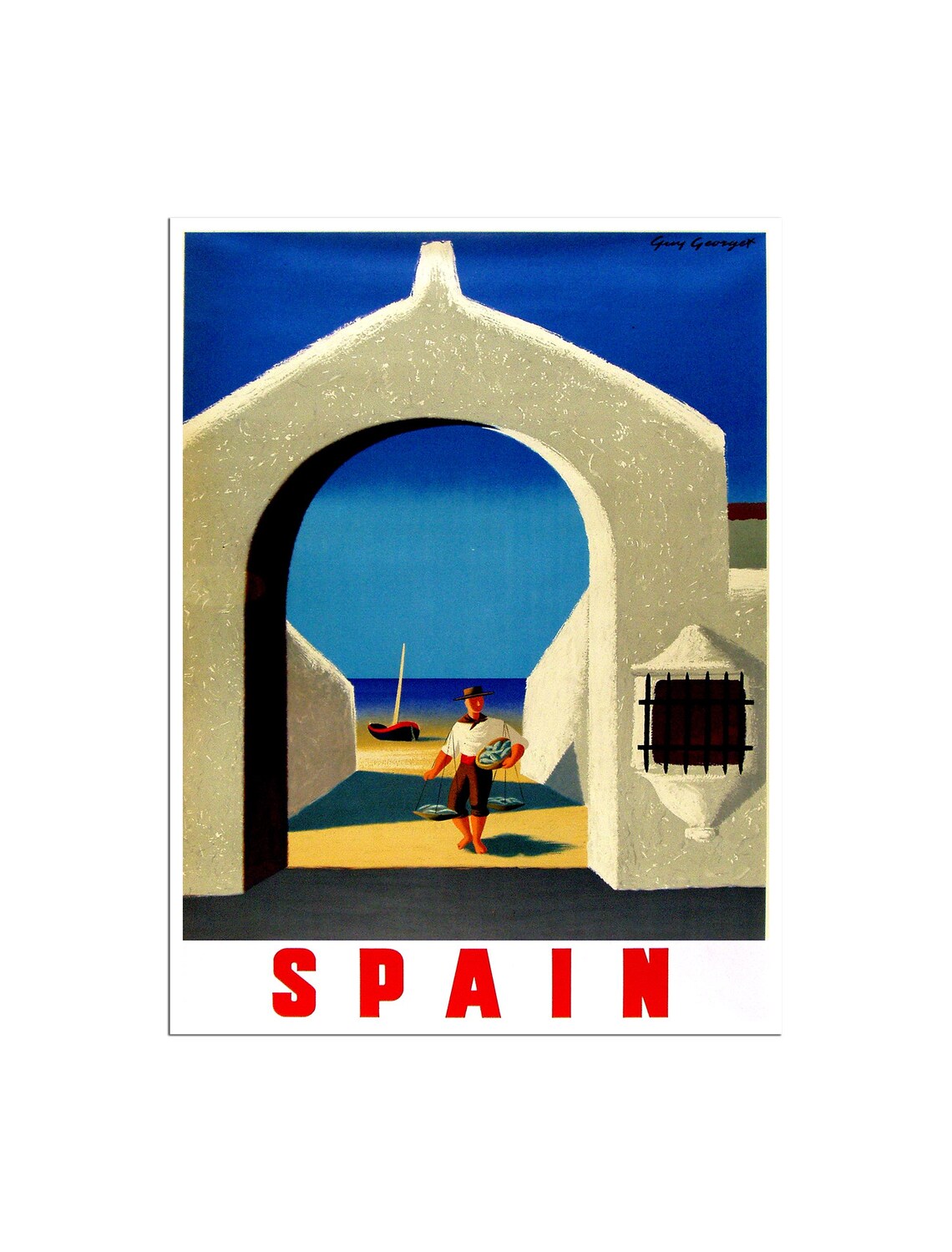 Spain Fisherman White Arch Beach Vintage Retro Travel Poster