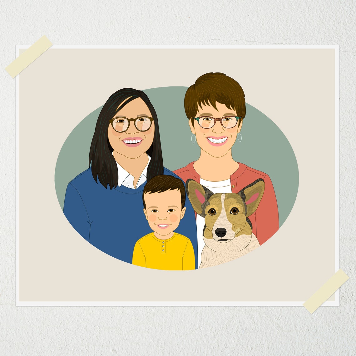 Family of Three With Tan Dog Custom Illustrated Portrait Poster - Image 3