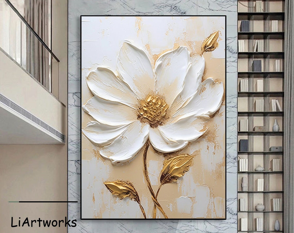 White Flower With Gold Leaves 3D Textured Floral Abstract Poster