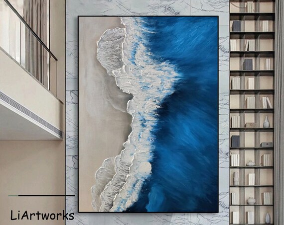 Aerial Ocean Wave Meeting White Sand Deep Blue Water Textured Poster