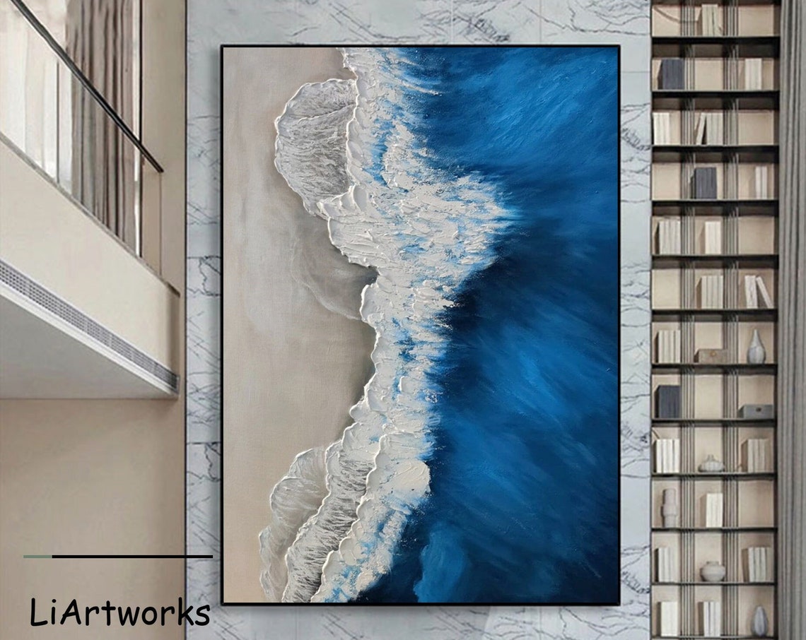 Aerial Ocean Wave Meeting White Sand Deep Blue Water Textured Poster