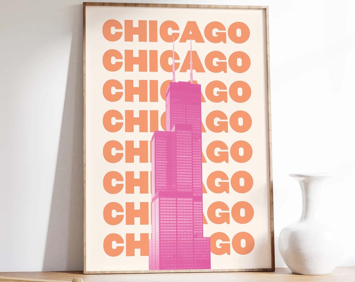 Chicago Willis Tower Pink Orange Bold City Typography Poster - Image 6