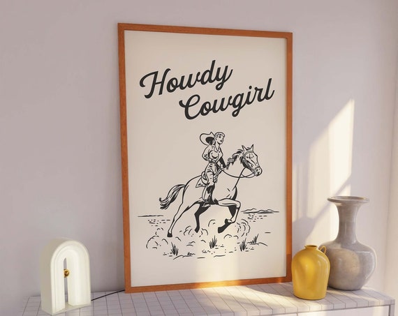 Howdy Cowgirl Print Art Retro Black Wall Art Country Western Art Print Trendy Retro Wall Art