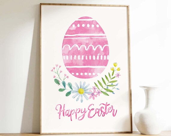 Happy Easter Pink Watercolor Egg Floral Spring Holiday Art Poster
