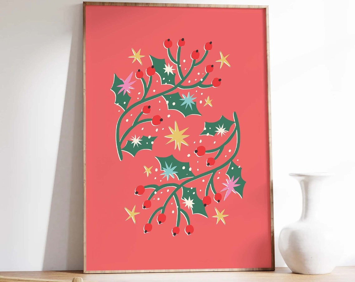 Red Holly Branch with Berries Retro Christmas Botanical Poster