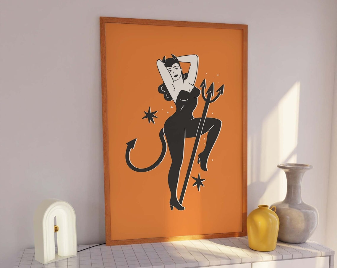Devil Pinup Print Art Cute Orange Halloween Wall Decor Trendy Halloween Wall Art Spooky Season Poster