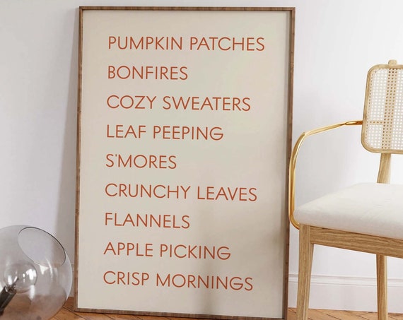 Fall Things Print Art Minimal Fall Wall Print Cute Autumn Favorites Art Print Autumn Art Decor