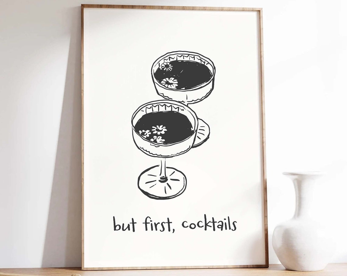 But First Cocktails Handwritten Coupe Glass Sketch Bar Cart Poster