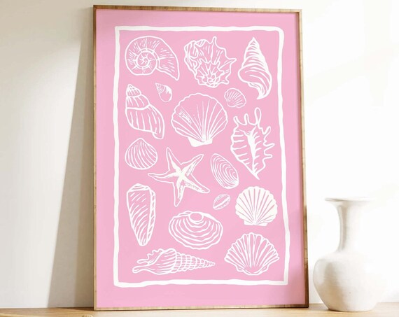 Pink Seashell Collage White Line Art Starfish Beach Decor Poster