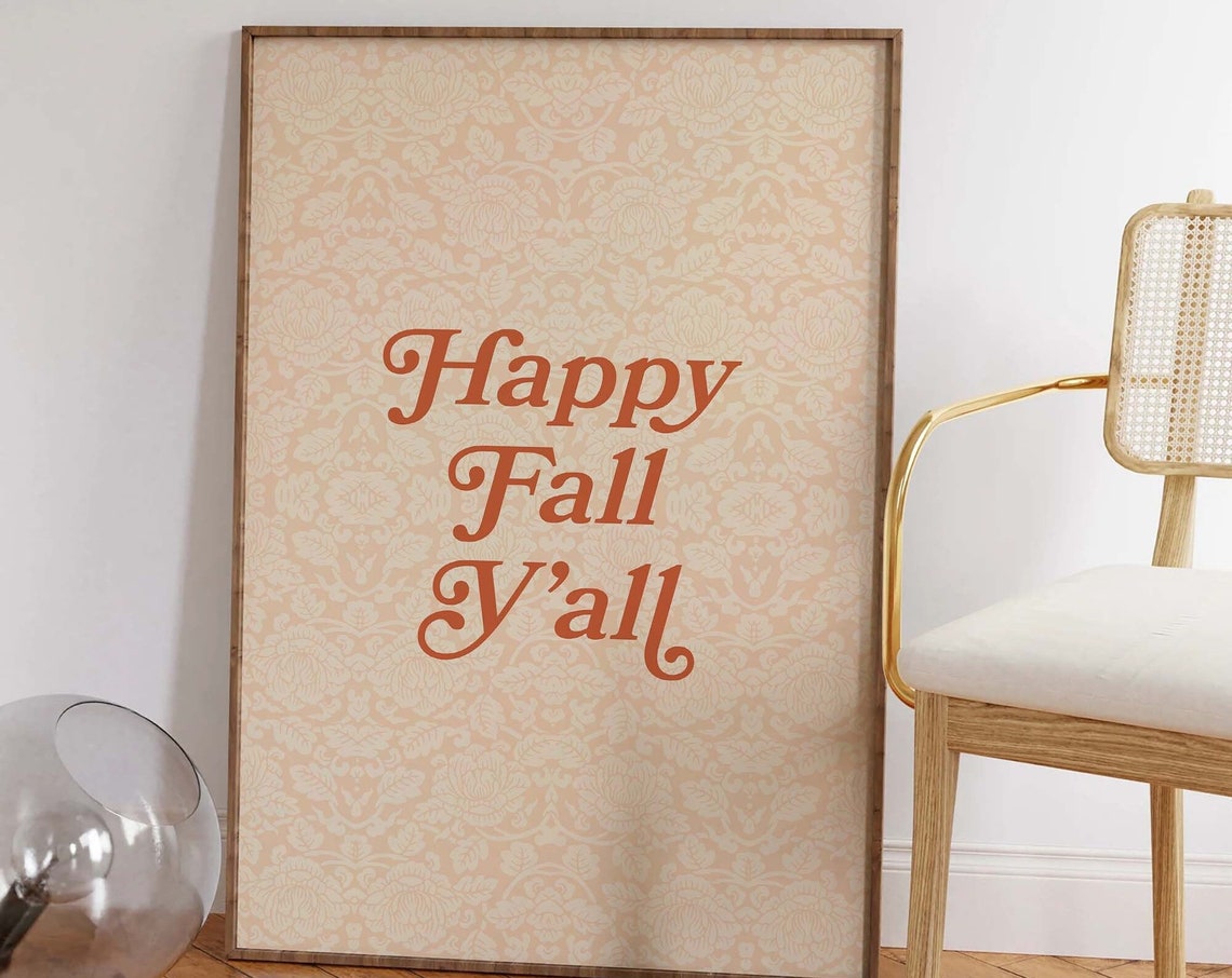 Happy Fall Yall Retro Script Autumn Quote Pattern Wall Decor Poster