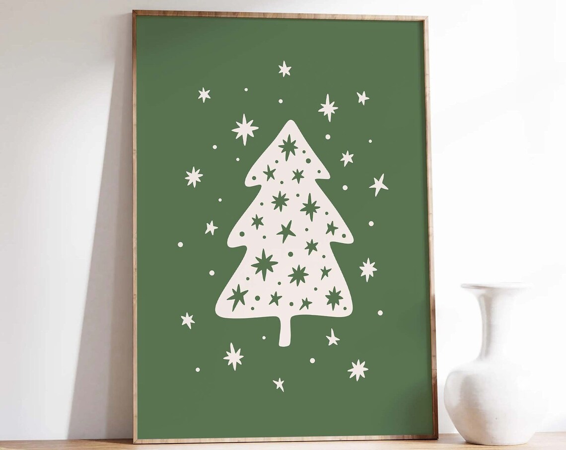 White Christmas Tree on Green Starry Retro Holiday Cute Poster