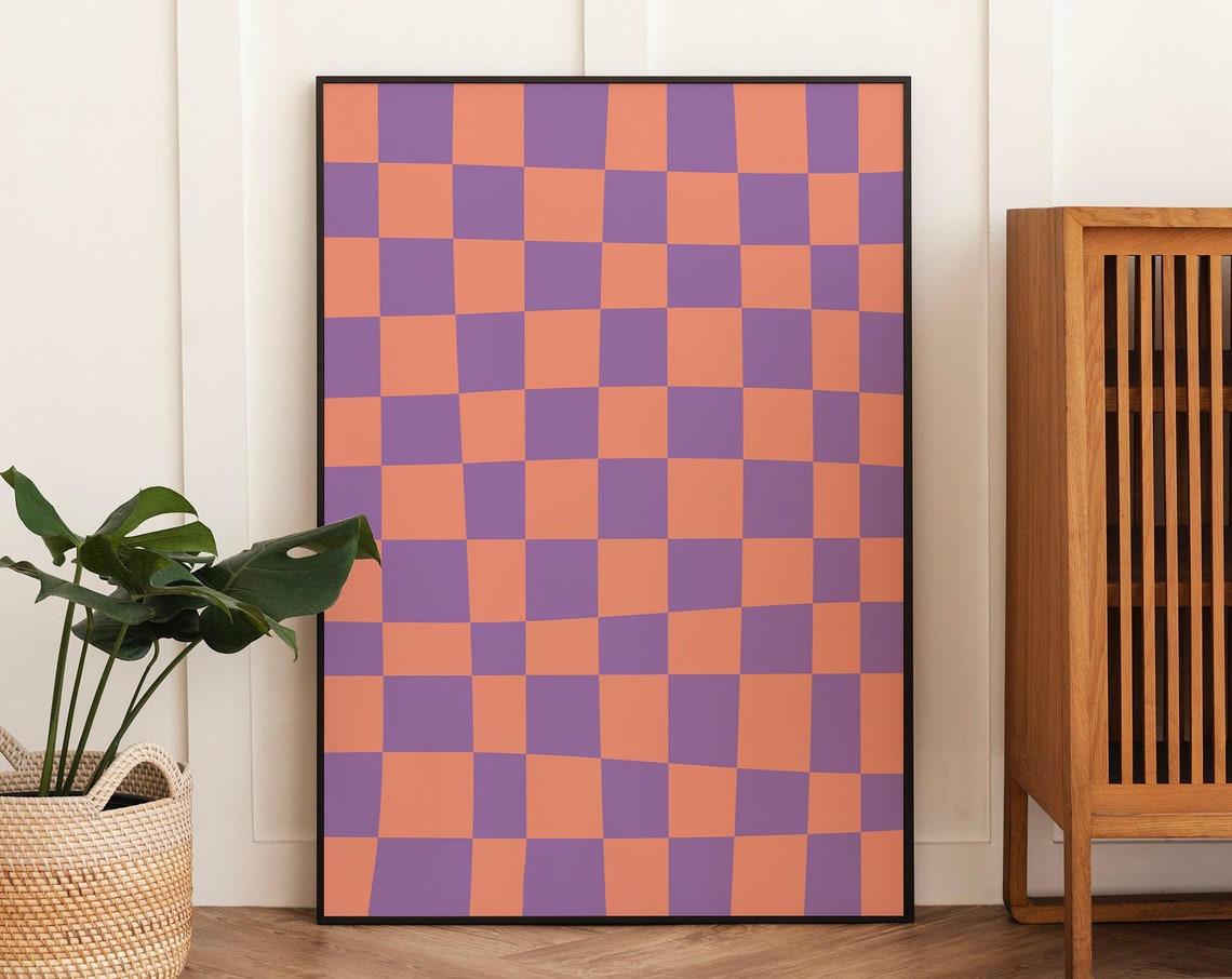 Orange And Purple Abstract Print Art Trendy Checkered Print 70s Retro Art Cute Trendy Wall Art