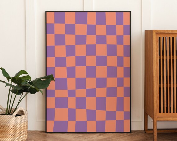 Orange And Purple Abstract Print Art Trendy Checkered Print 70s Retro Art Cute Trendy Wall Art