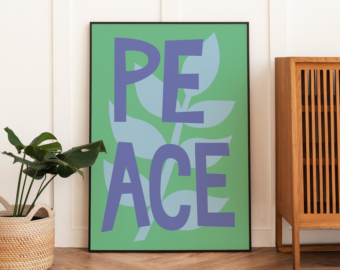Peace Typography Blue Letters Green Floral Inspirational Poster