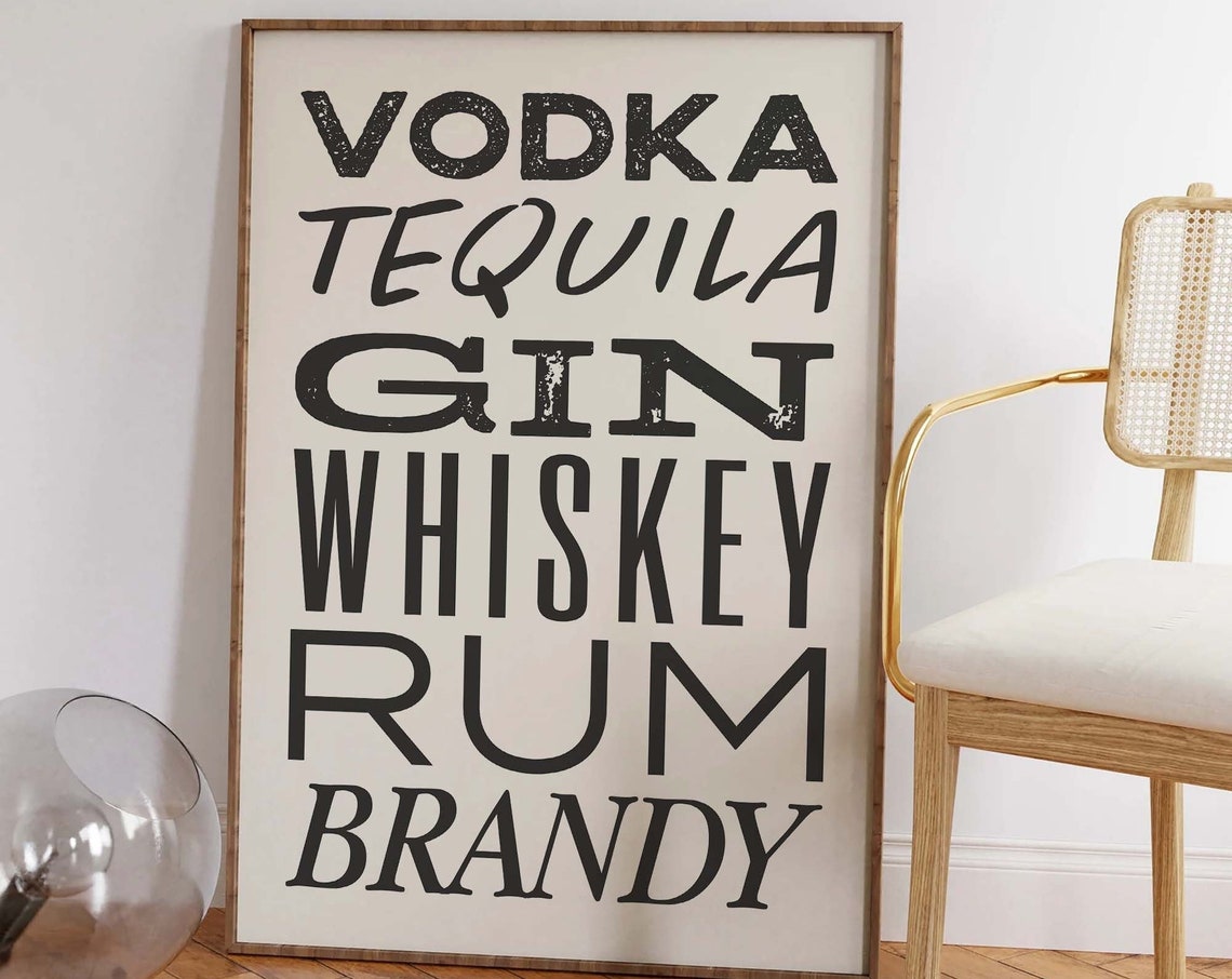 Vodka Tequila Gin Whiskey Rum Brandy Black Bar Typography Poster