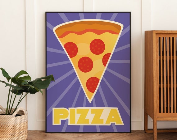 Pizza Print Art Blue Kitchen Decor Retro Pizza Poster Cute Food Kitchen Art