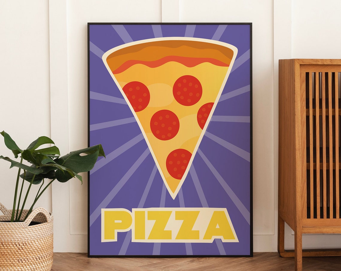 Pepperoni Pizza Slice Purple Pop Art Style Retro Kitchen Wall Poster