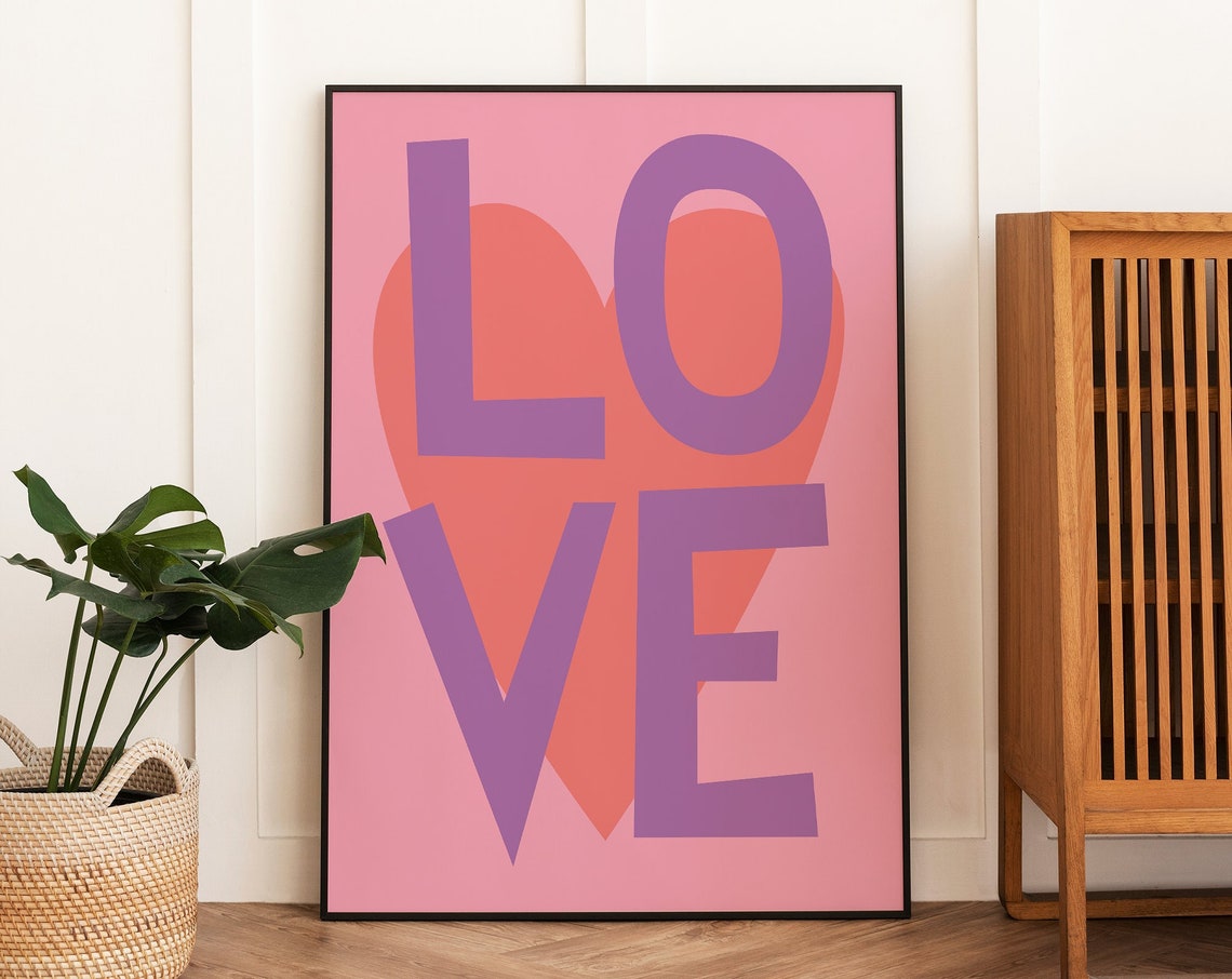Love Typography Purple Letters Pink Coral Heart Inspirational Poster