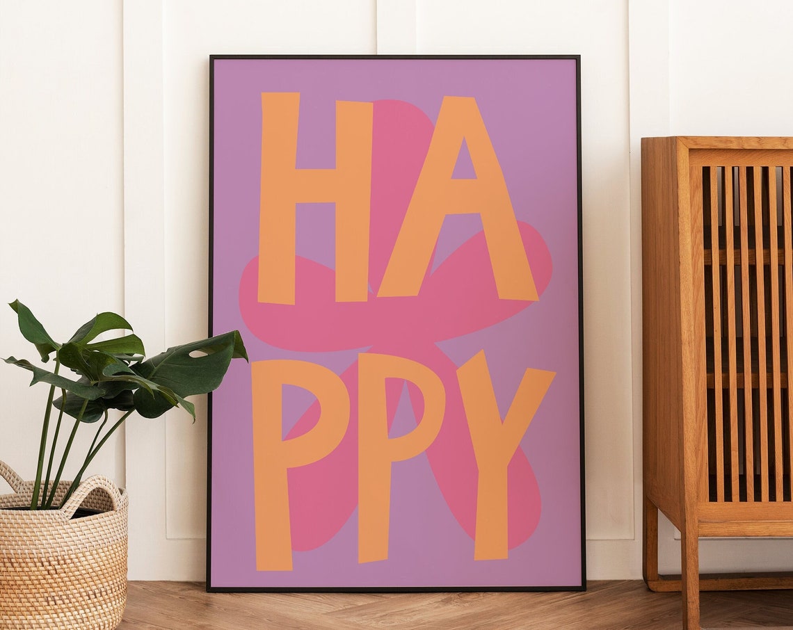 Happy Typography Orange Letters Purple Floral Inspirational Poster