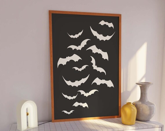 Flying Bat Silhouettes Minimal White on Black Halloween Poster