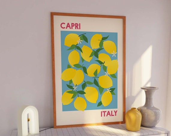 Lemons Capri Italy Print Art Lemon Fruit Market Wall Art Blue And Yellow Kitchen Art Cute Trendy Wall Art