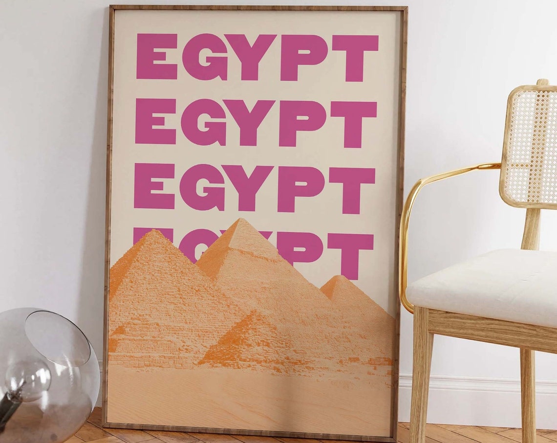 Egypt Pyramids Poster with Orange Pyramids and Pink Bold Typography