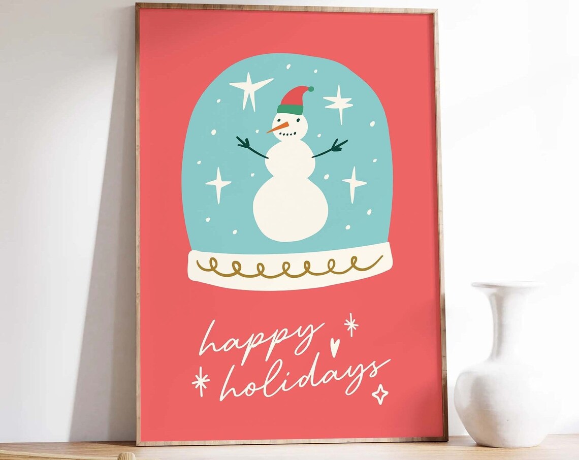 Happy Holidays Snow Globe Snowman Red Holiday Illustration Poster