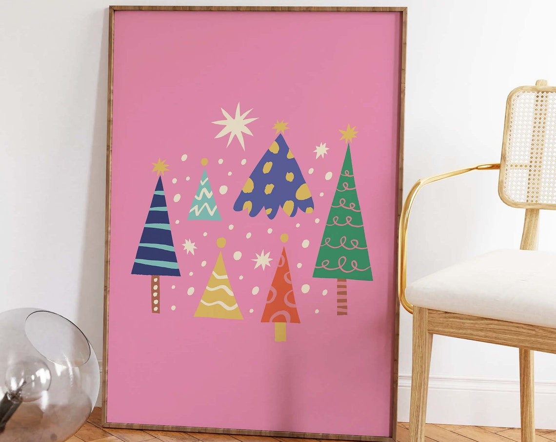 Six Colorful Patterned Christmas Trees Pink Retro Holiday Poster
