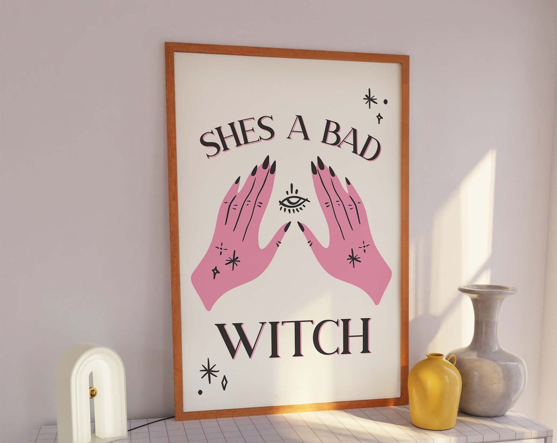 Shes A Bad Witch Print Art Cute Pink Gothic Art Poster Trendy Halloween Wall Art