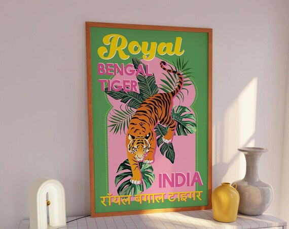 Bold Royal Bengal Tiger India Tropical Vintage Travel Art Poster