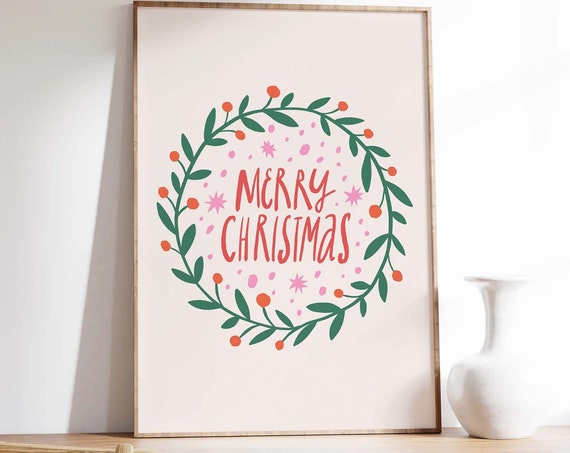 Merry Christmas Print Art Cute Christmas Decor Boho Holiday Wall Art Christmas Wreath Print