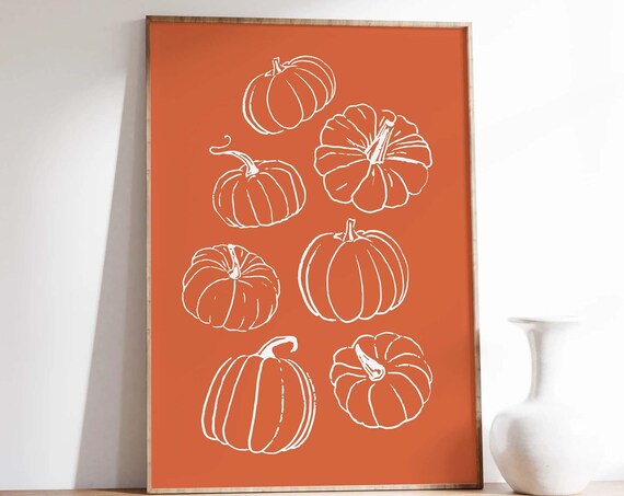 Pumpkins White Line Sketch Orange Rustic Fall Wall Decor Poster