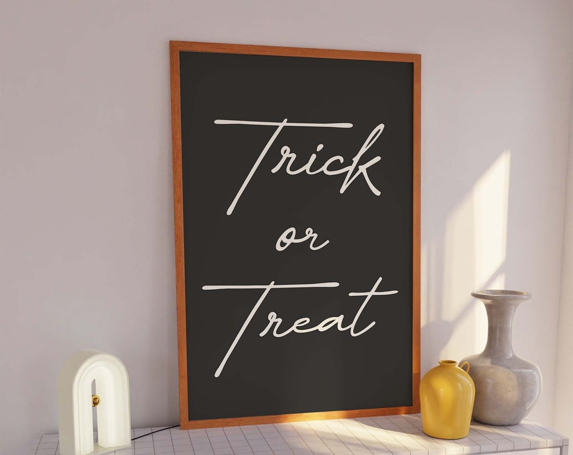 Trick Or Treat Script Lettering White on Black Halloween Wall Art
